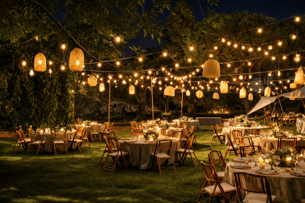 Invitados celebrando en una fiesta de boda nocturna con disfraces, bajo una densa red de micro-LEDs y focos de iluminación técnica en tonos verdes y cálidos.