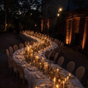 Banquete nocturno con mesa serpenteante iluminada y cielo de micro-leds en un jardín para eventos.