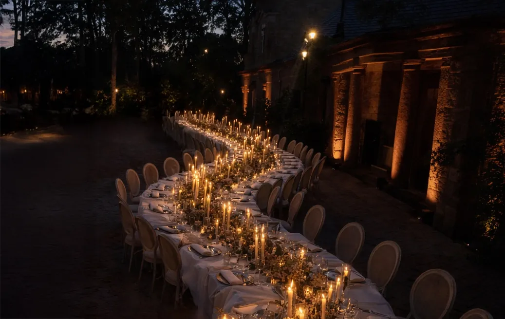 Banquete nocturno con mesa serpenteante iluminada y cielo de micro-leds en un jardín para eventos.