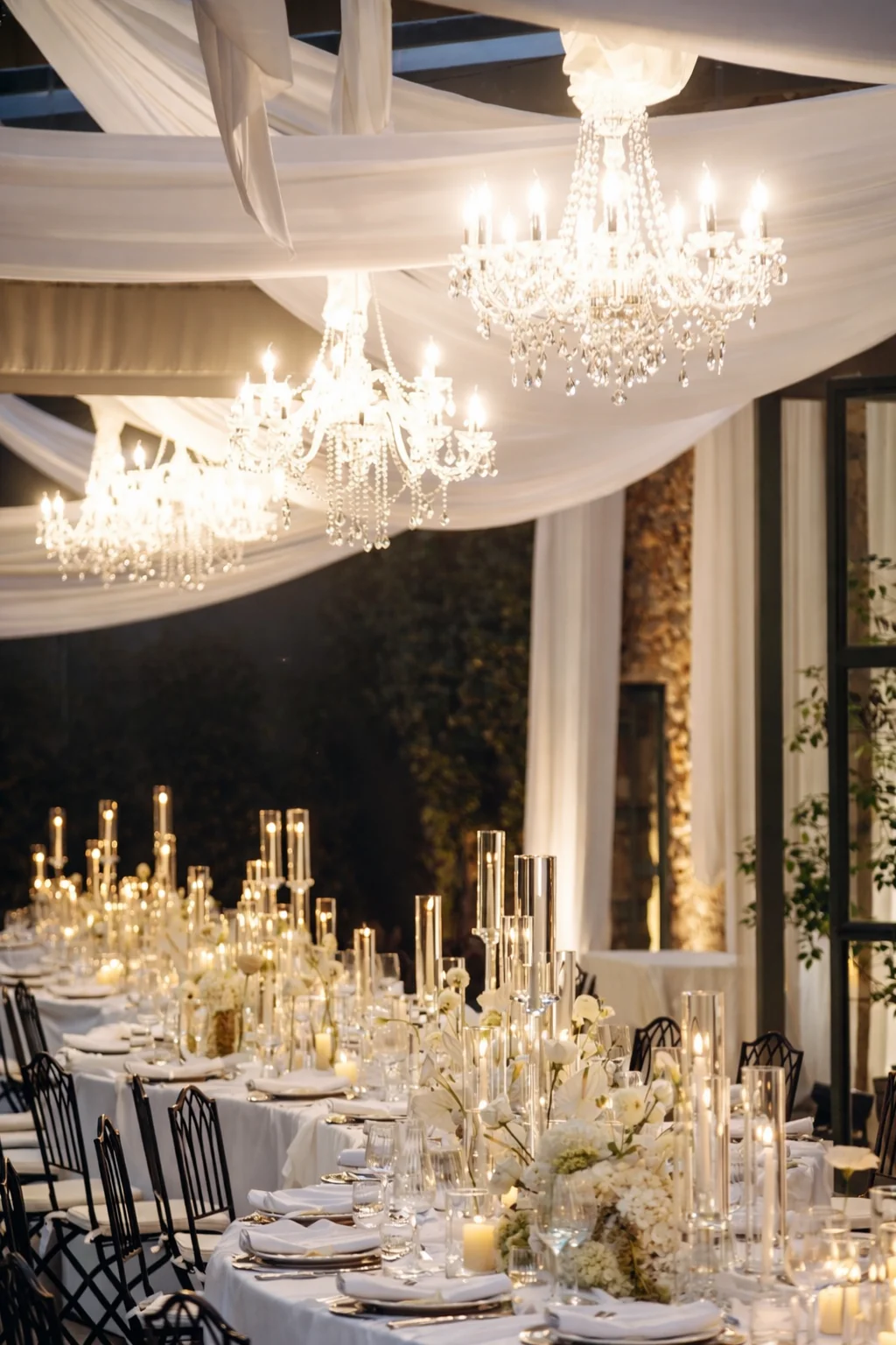 Montaje de mesa serpenteante con mantelería técnica drapeada y lámparas chandelier en el patio de Finca El Campillo.