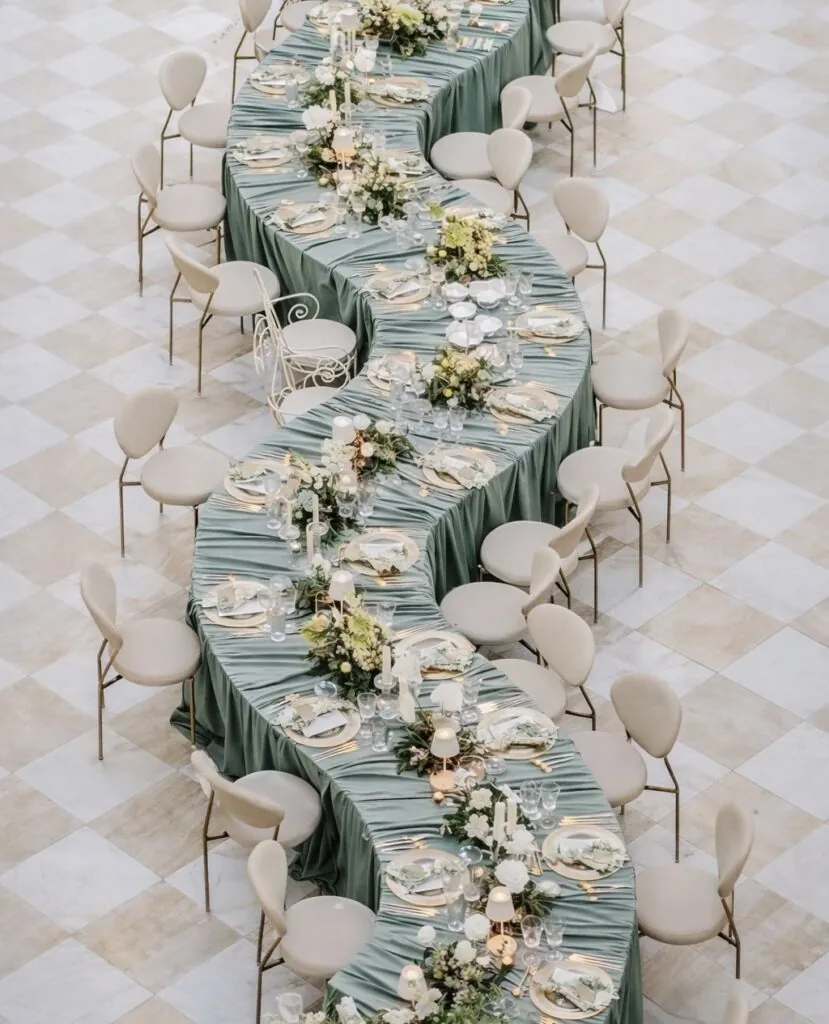 Montaje de mesa sinuosa con sillas Tiffany doradas y mantelería técnica blanca en un patio para eventos.