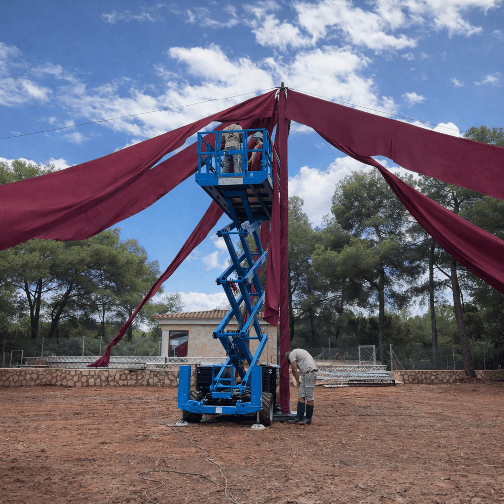 Montaje de carpa profesional para eventos por técnicos de STAR-CARPAS con plataforma elevadora y estructura tensada