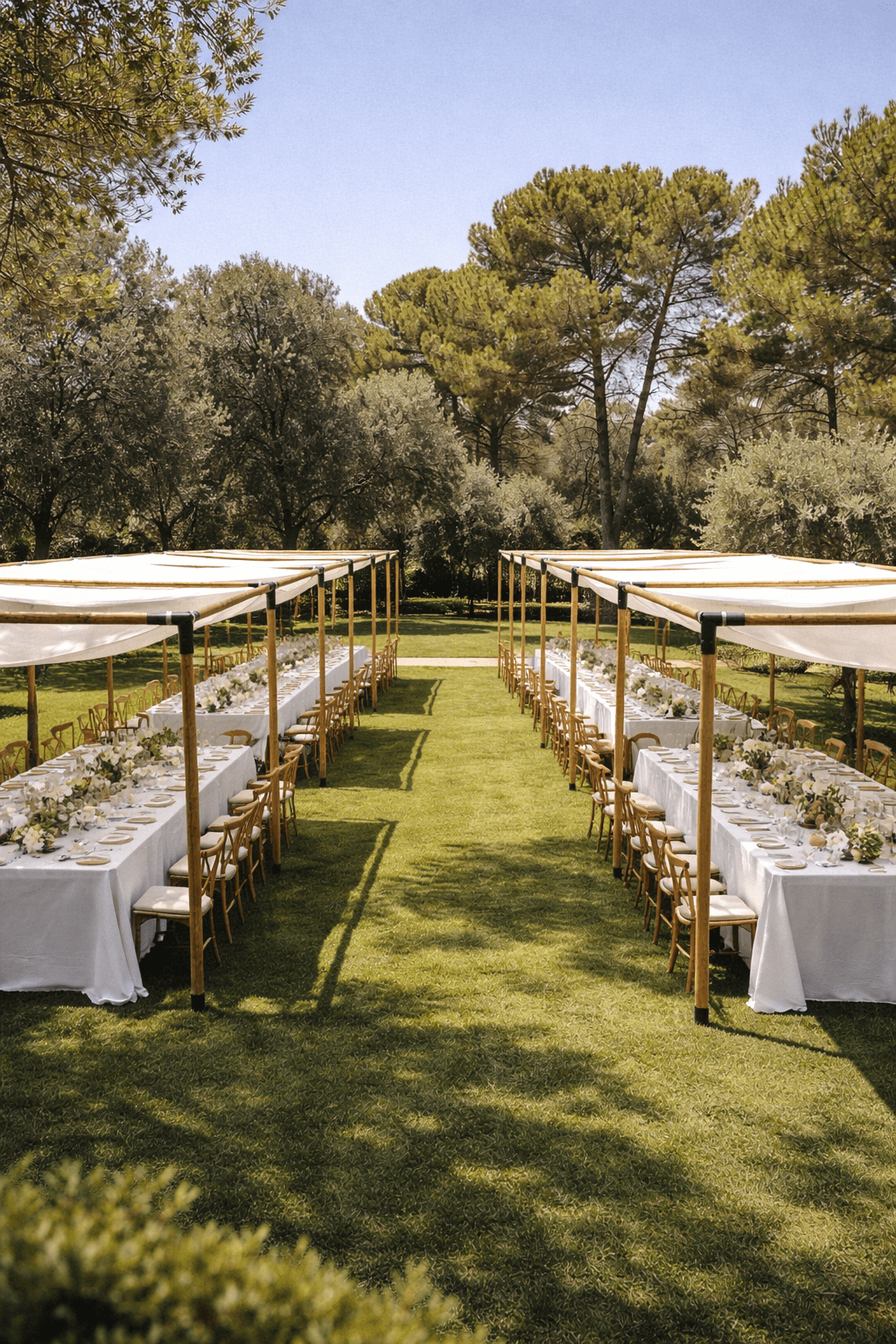 Dos hileras paralelas de pérgolas de madera con lonas blancas cubriendo mesas imperiales largas en un jardín espacioso rodeado de árboles.