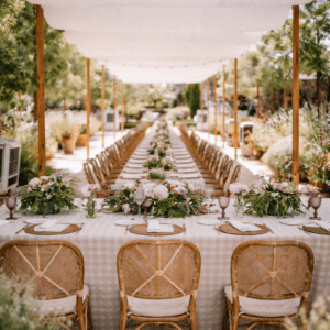 Mesa imperial para eventos decorada con mantel de cuadros vichy beige, centros de flores rosas y sillas de rejilla bajo una pérgola con lonas blancas drapeadas.