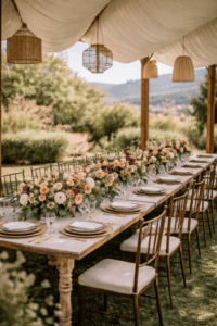 Mesa imperial de madera bajo pérgola con techado de lona blanca, decorada con centros de flores en tonos melocotón y lámparas de mimbre colgantes.