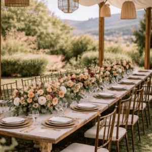 Mesa imperial de madera bajo pérgola con techado de lona blanca, decorada con centros de flores en tonos melocotón y lámparas de mimbre colgantes.