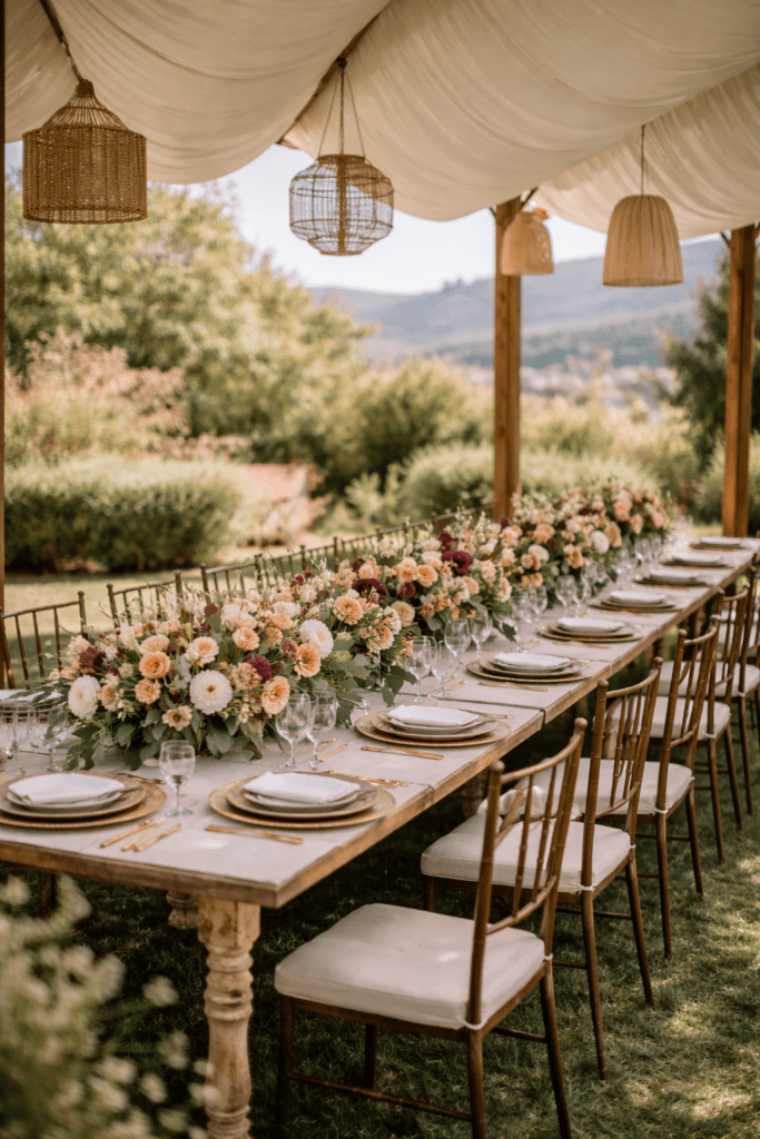 Mesa imperial de madera bajo pérgola con techado de lona blanca, decorada con centros de flores en tonos melocotón y lámparas de mimbre colgantes.