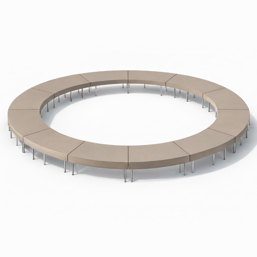 Módulos de mesas curvas beige formando un círculo completo sobre fondo blanco.