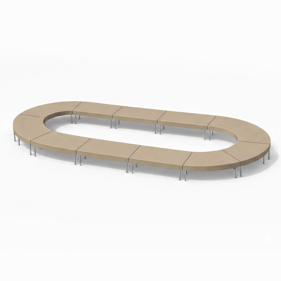 Configuración cerrada de mesas curvas y rectas en forma de óvalo para banquetes de boda elegantes.