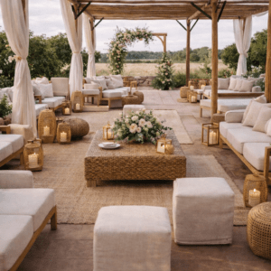 rea lounge exterior bajo una pérgola de madera de eucalipto con sofás blancos, alfombras de yute, farolillos de mimbre encendidos y un arco de flores al fondo.