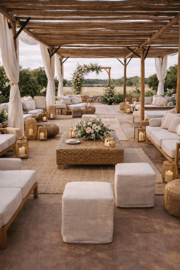 rea lounge exterior bajo una pérgola de madera de eucalipto con sofás blancos, alfombras de yute, farolillos de mimbre encendidos y un arco de flores al fondo.