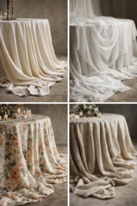 Muestrario de manteles para banquetes en colores crudos y neutros, incluyendo tejidos lisos de satén, gasas vaporosas y estampados florales sutiles.