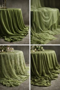 Diferentes tipos de manteles en color verde oliva y musgo, con acabados en seda, gasa transparente y motivos botánicos para eventos rústicos.