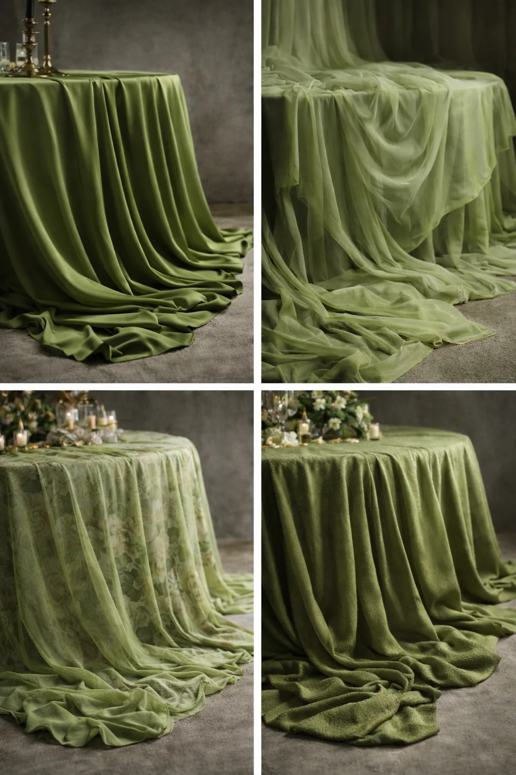Diferentes tipos de manteles en color verde oliva y musgo, con acabados en seda, gasa transparente y motivos botánicos para eventos rústicos.