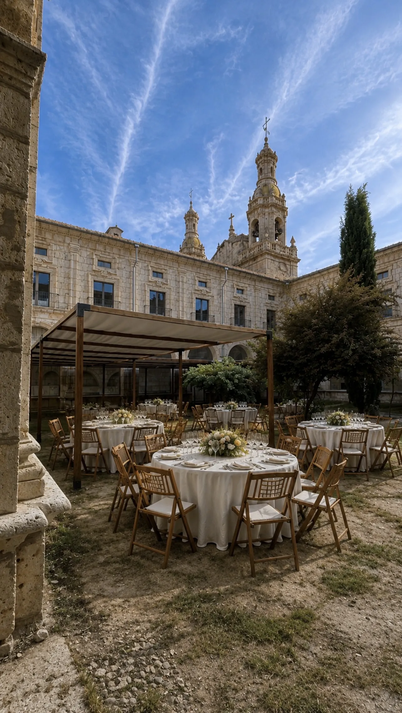 Pergola de estructura de madera con lona tensada tipo vela en alquiler para eventos