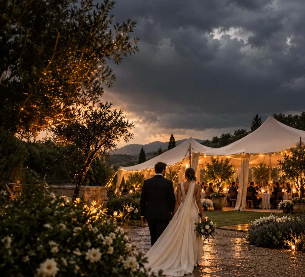 Novios entrando el dia de su boda mientras llueve a una carpa preciosa para celebrar el banquete